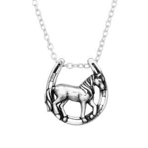 Sterling Silver Horse and Horseshoe Pendant and Dainty Chain Necklace